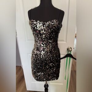 As U Wish Dress Sequins Medium Prom Sparkle Strapless Black Silver Mini Bodycon